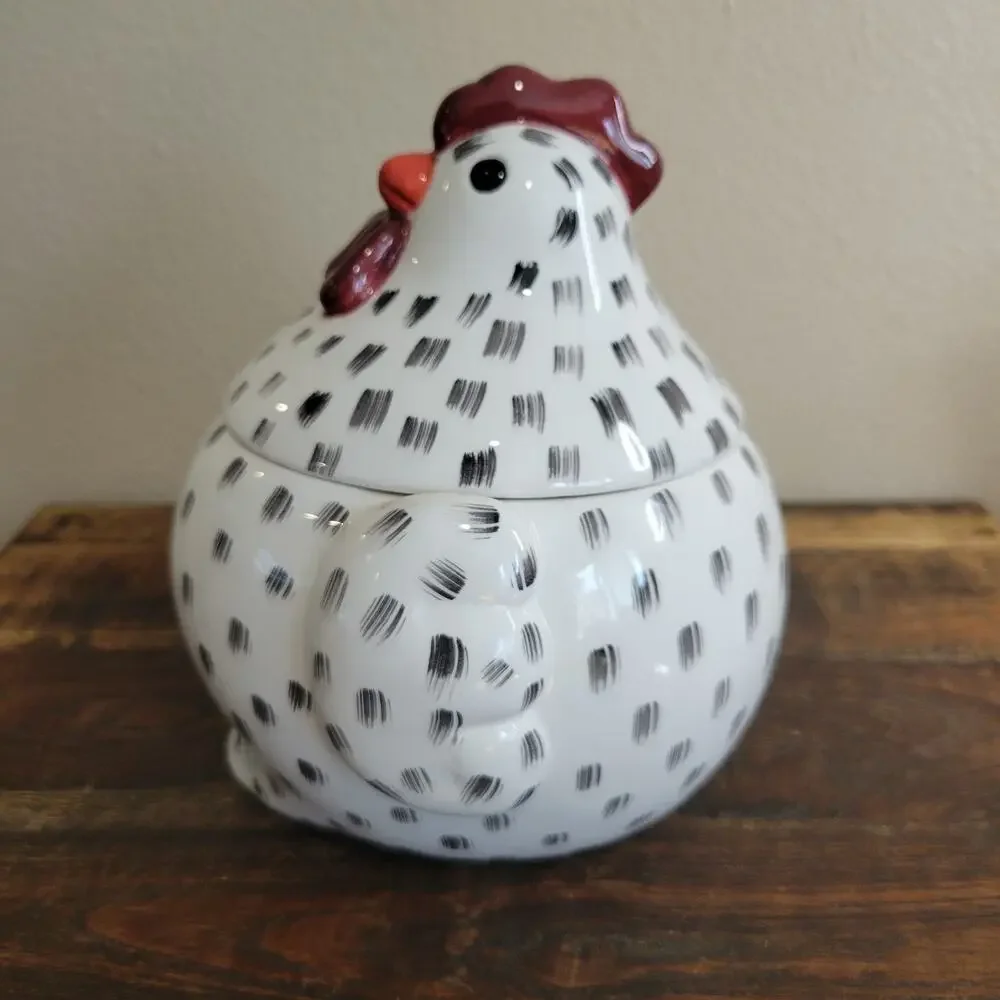 Farmhouse Ceramic Chicken Lidded Bowl Brushstroke Pattern